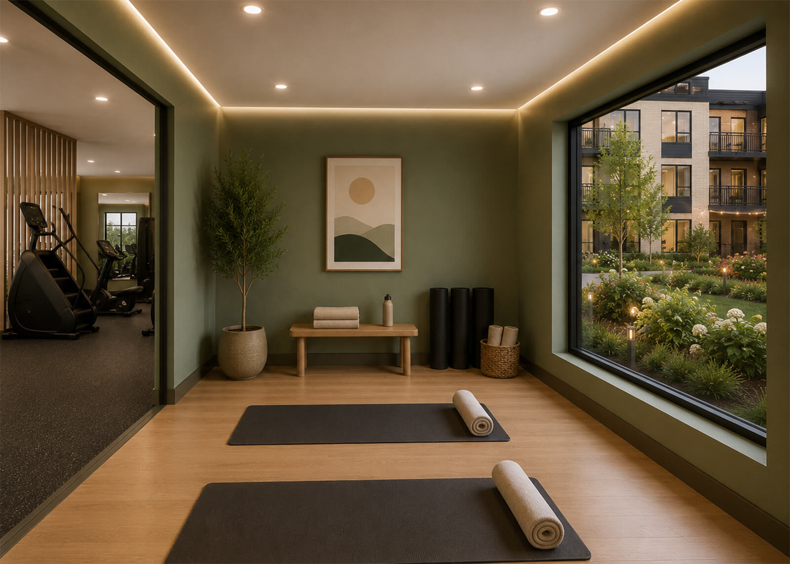 Yoga studio with mats, rolled towels, wood flooring, green walls, and large window overlooking the courtyard