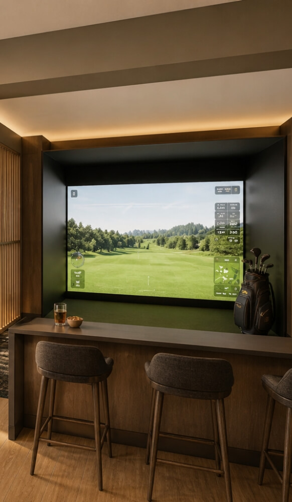 Golf simulator lounge with bar seating, wood finishes, and indoor golf screen