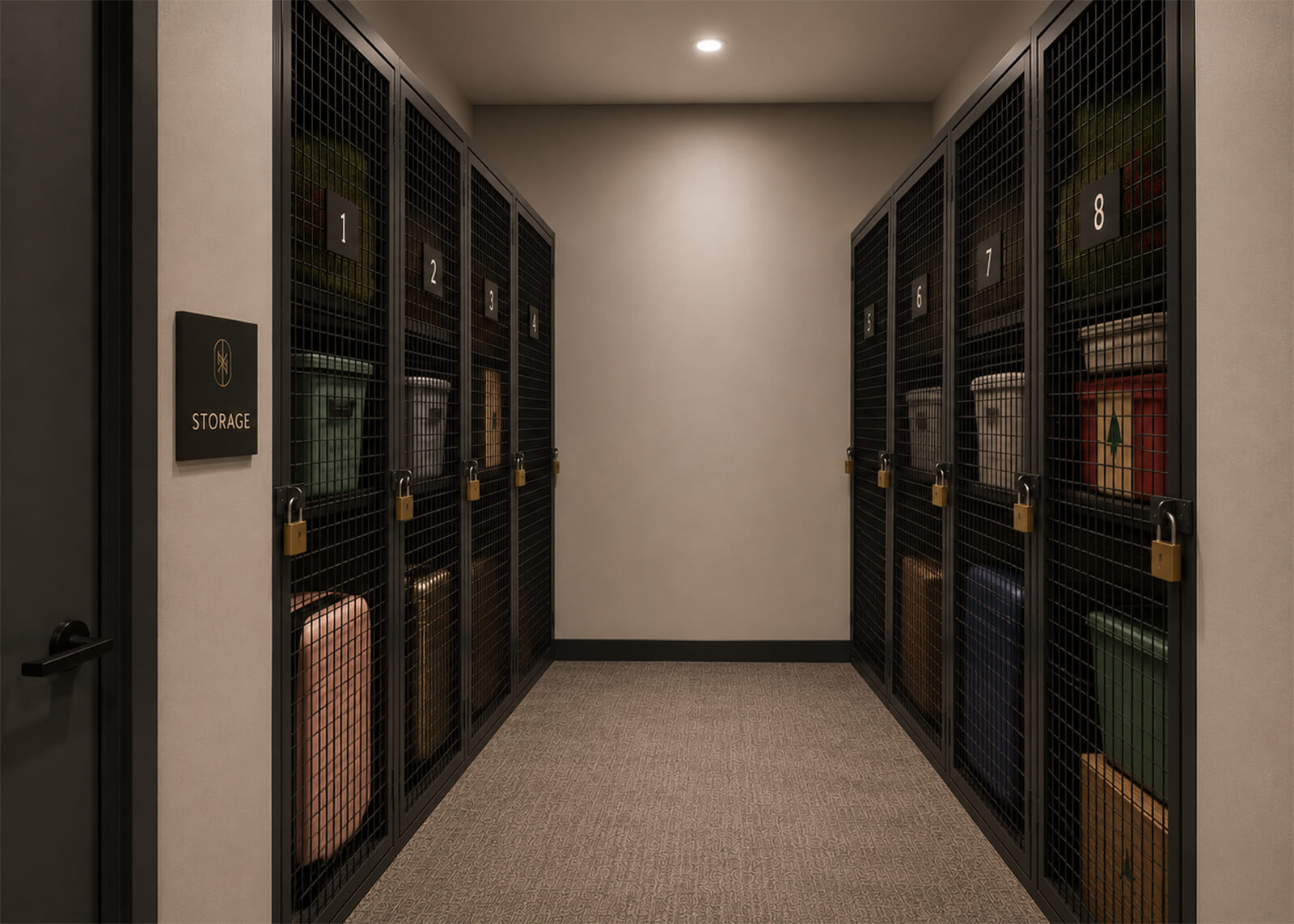 Apartment storage room with numbered secure storage lockers and patterned carpet