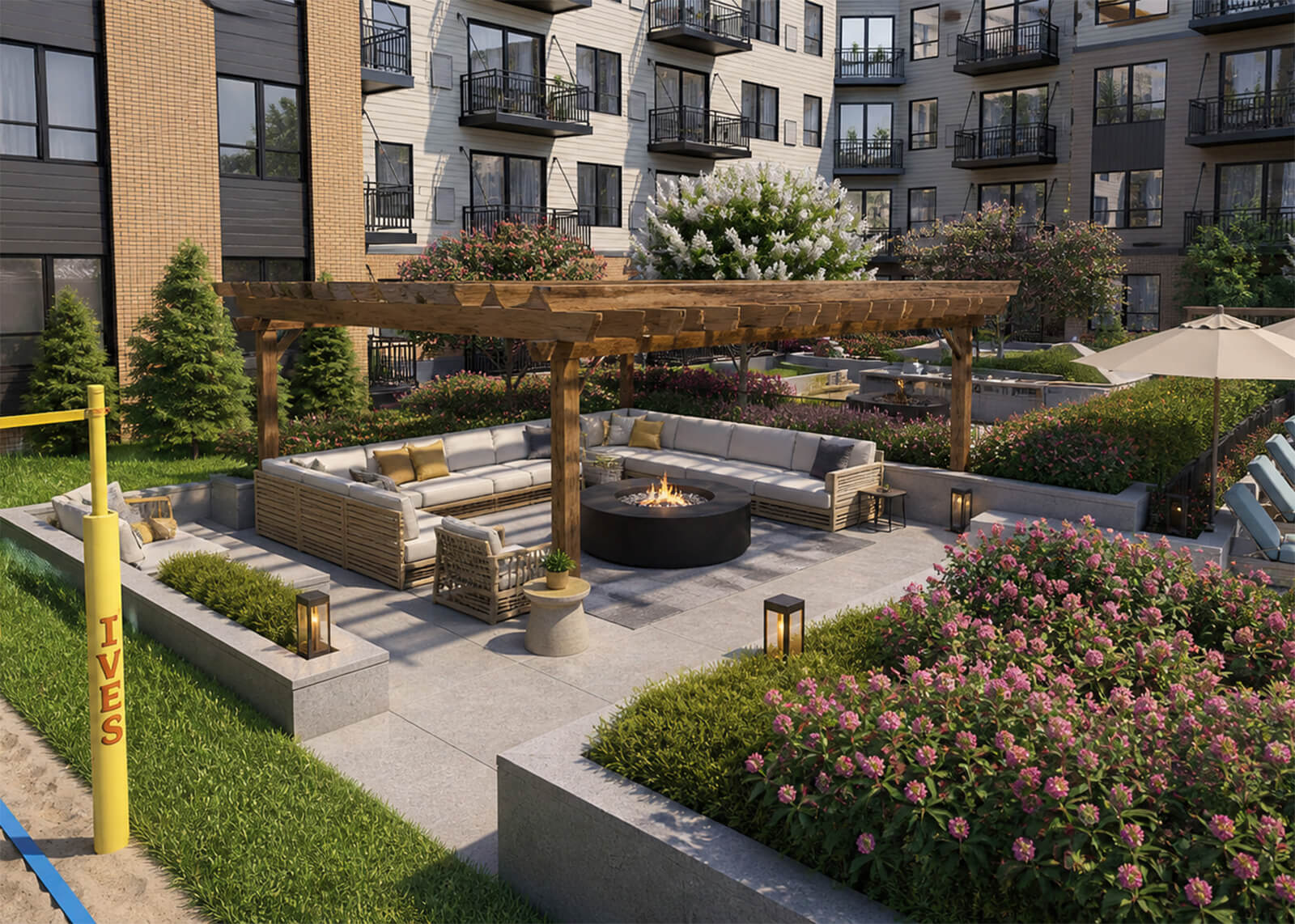 Outdoor courtyard with pergola seating, fire pit, landscaped gardens, lounge chairs, and apartment balconies