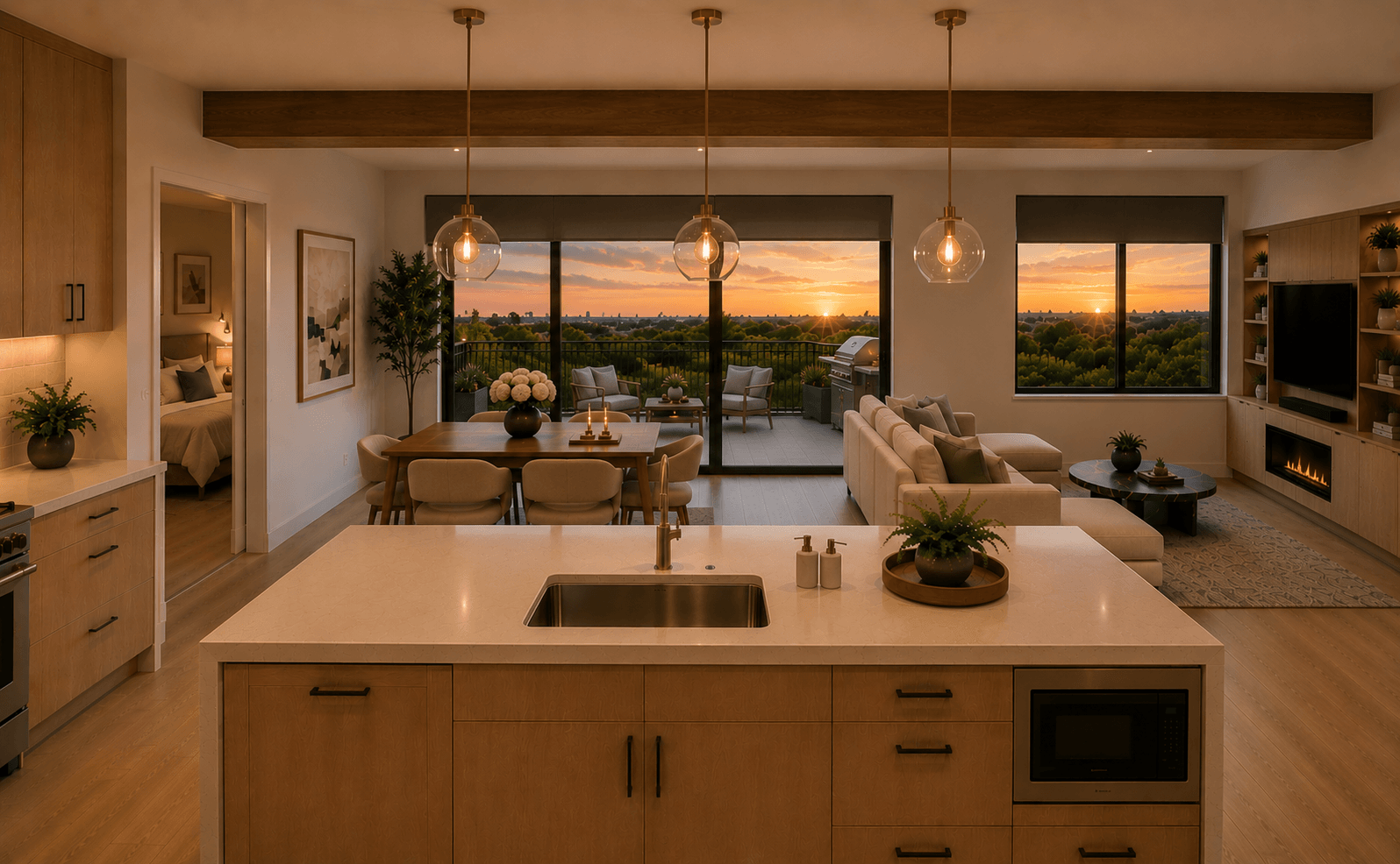 Still apartment kitchen with island seating, open living room, dining area, fireplace, and terrace views
