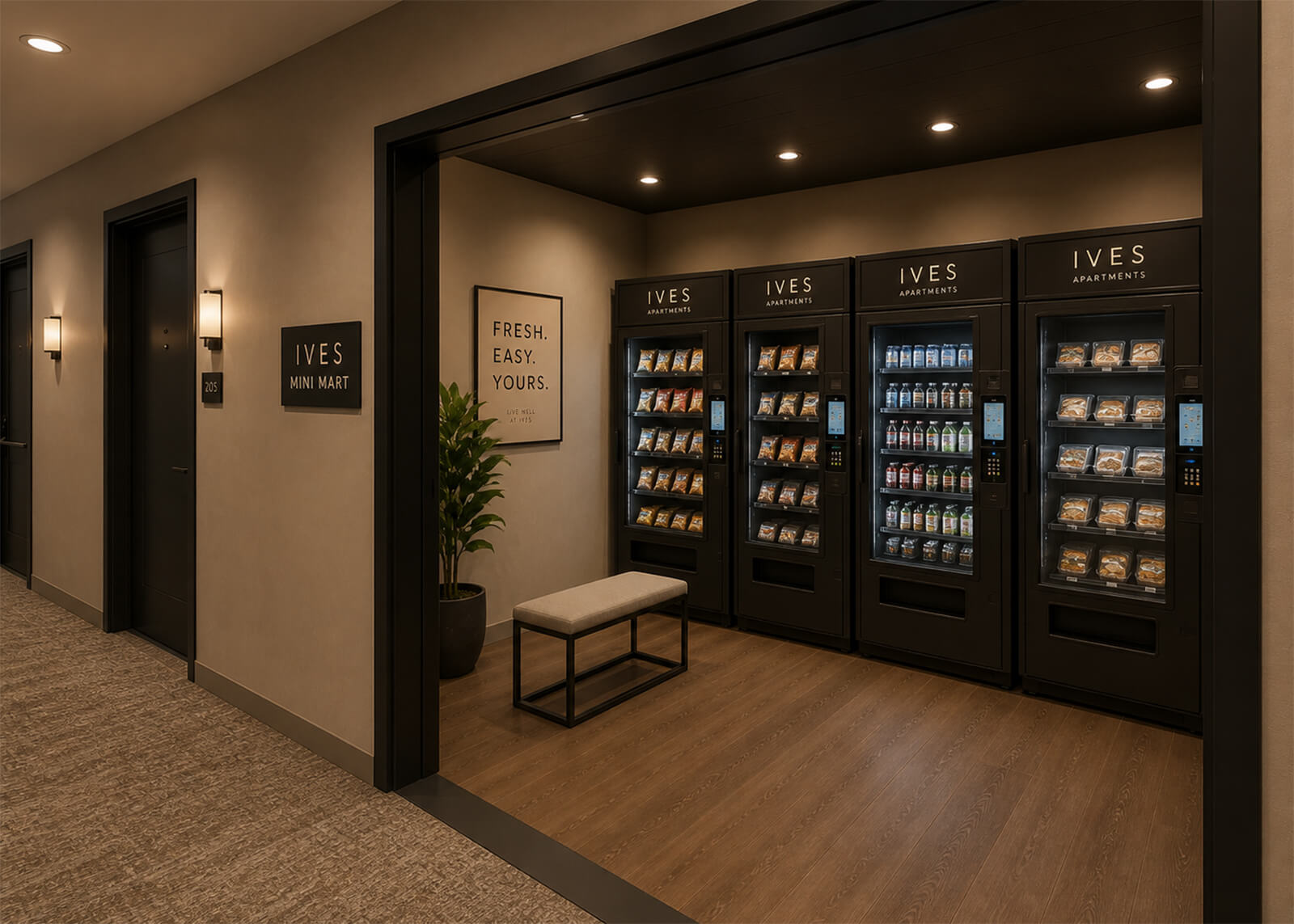 Apartment mini mart with vending machines, snacks, drinks, prepared meals, bench seating, and Ives signage