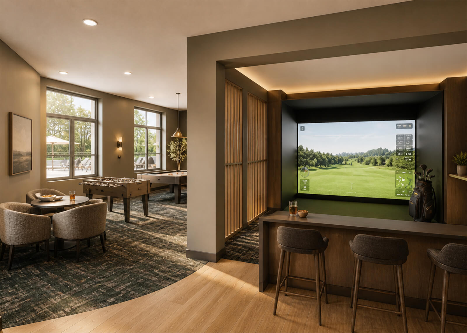 Resident game room with golf simulator, foosball table, pool table, and lounge seating