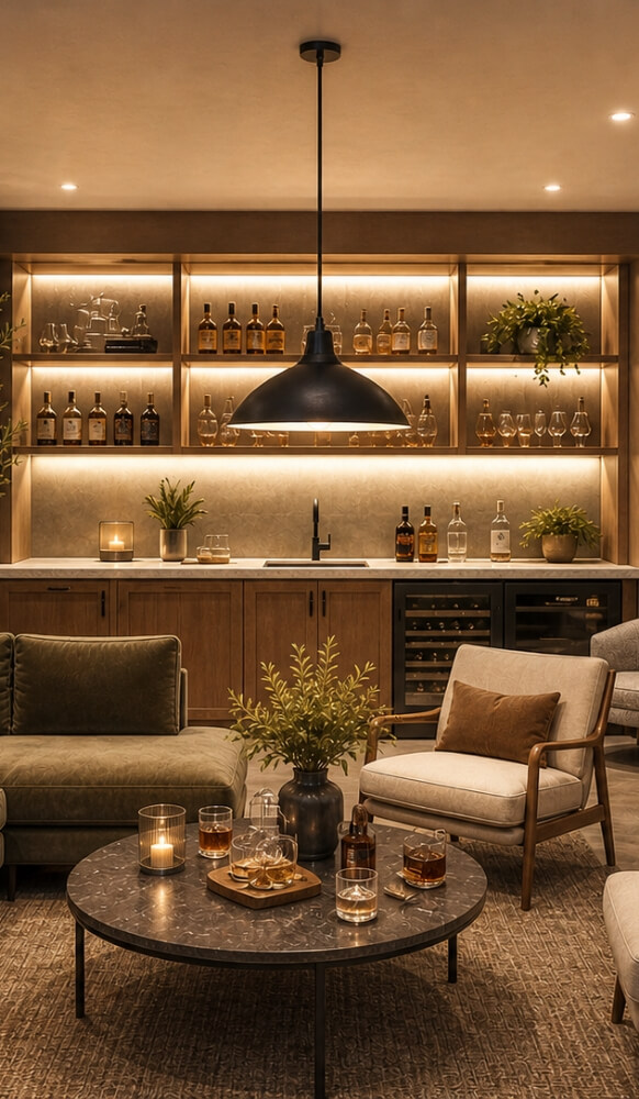 Speakeasy lounge with backlit bar shelves, lounge seating, and cocktail table