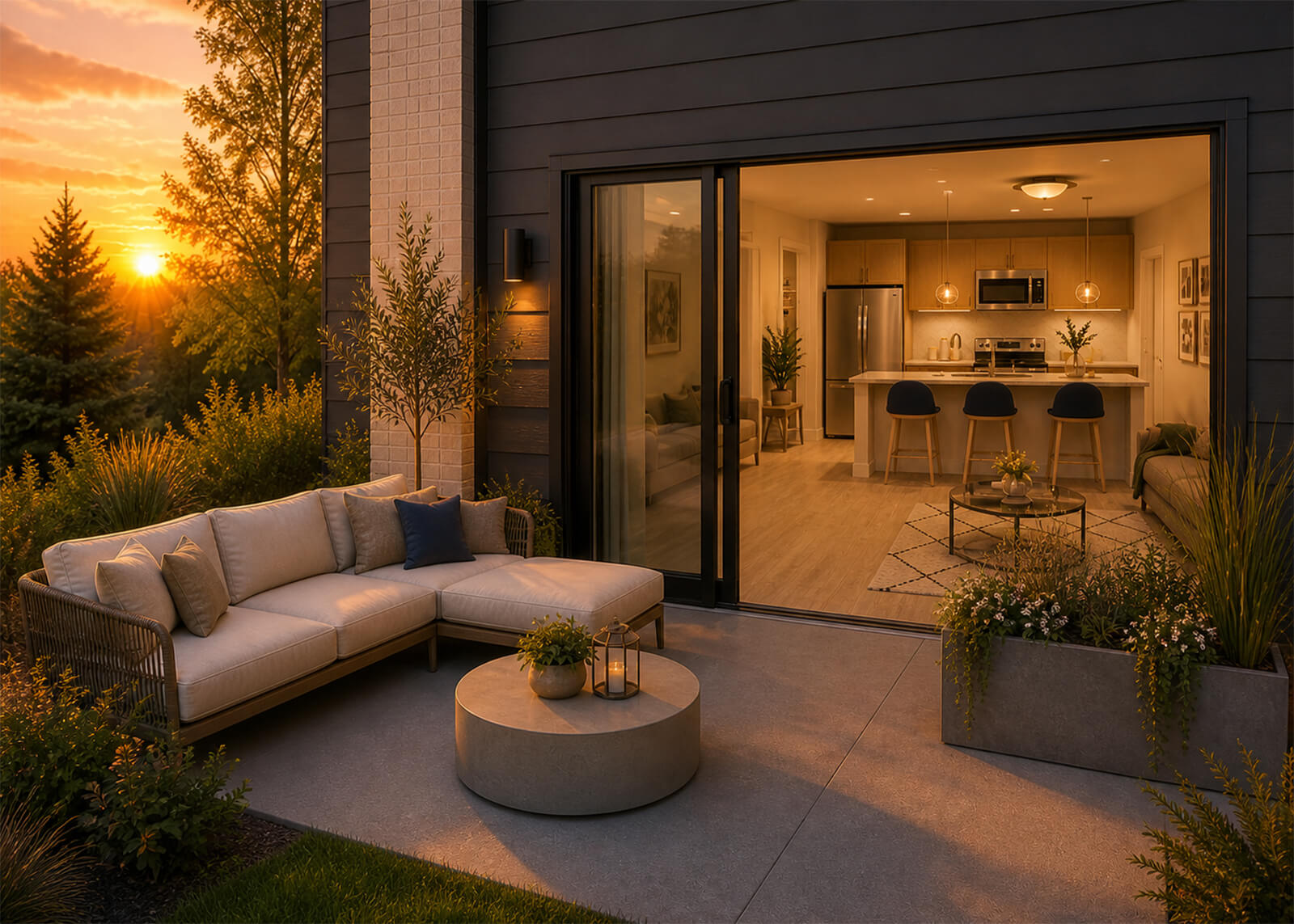 Private apartment patio with outdoor seating, landscaped planters, sunset views, and open living room beyond sliding glass doors