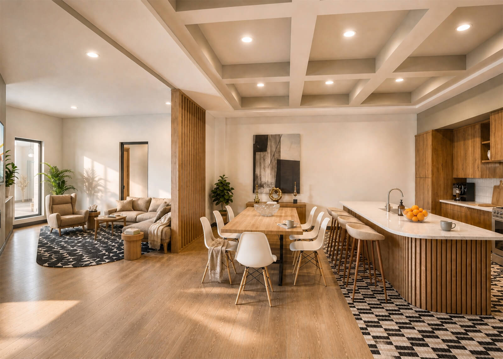 Resident lounge with dining table, kitchen island, bar seating, wood finishes, and adjacent seating area