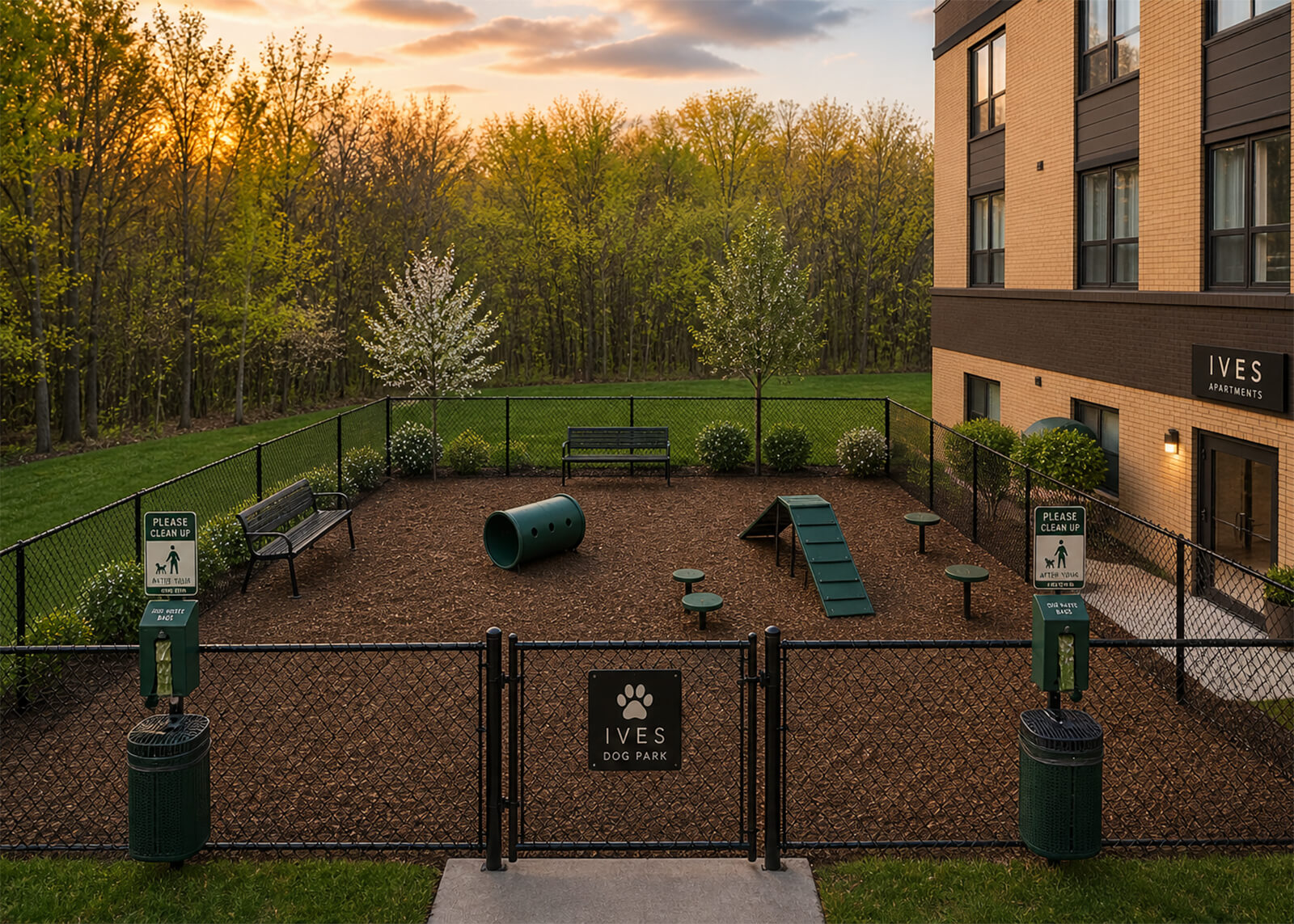 Fenced apartment dog park with agility features, benches, cleanup stations, and Ives Apartments building