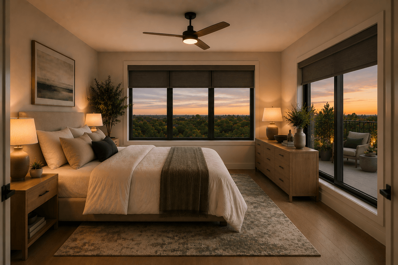Still apartment bedroom with large bed, warm lighting, terrace access, and sunset views
