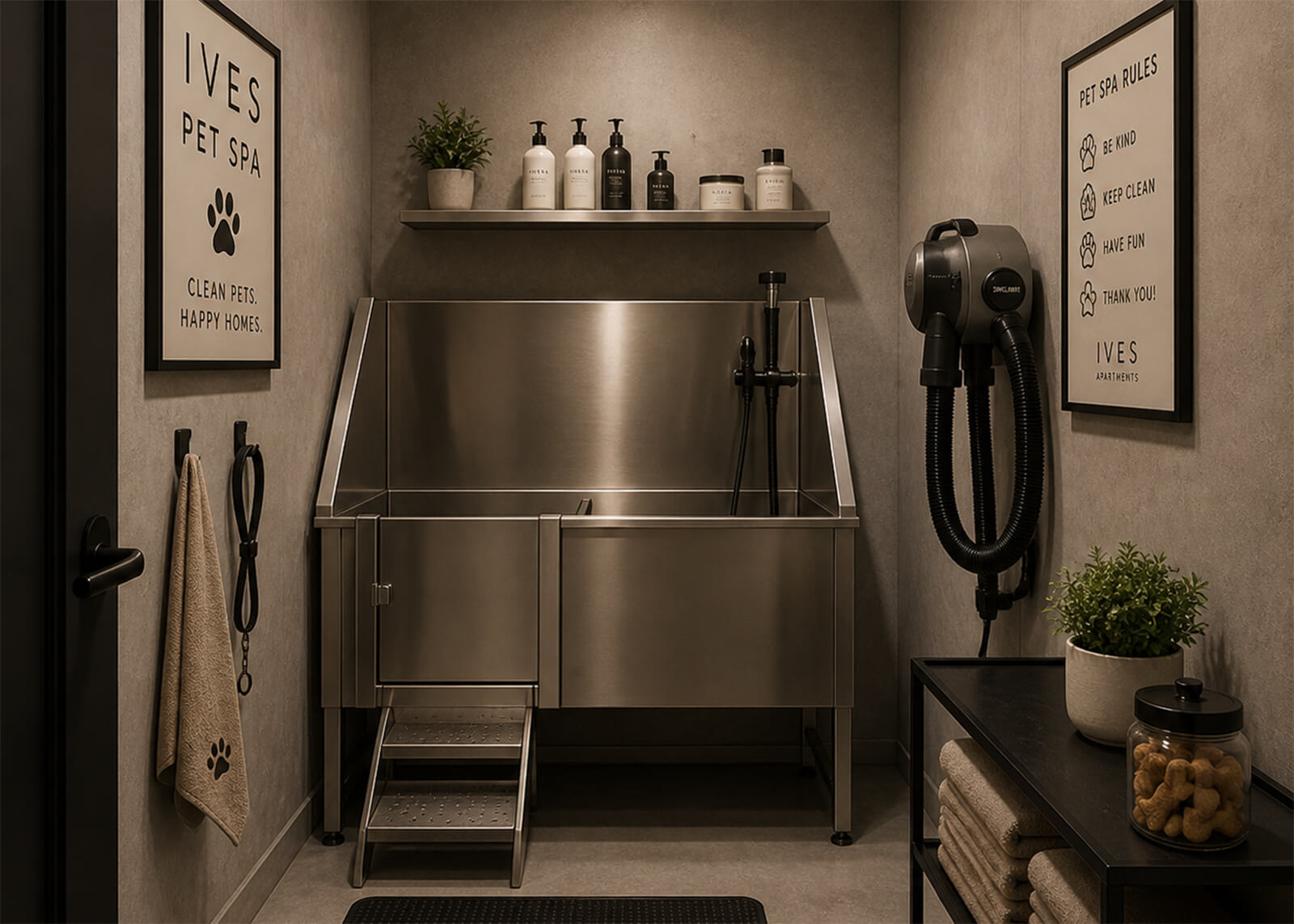 Apartment pet spa with stainless steel wash station, grooming dryer, towels, treats, and pet care signage
