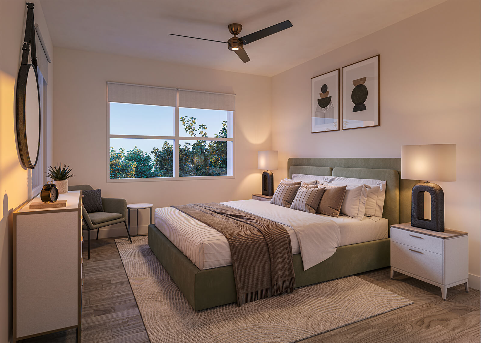 Modern apartment bedroom with large bed, wood flooring, ceiling fan, and large window