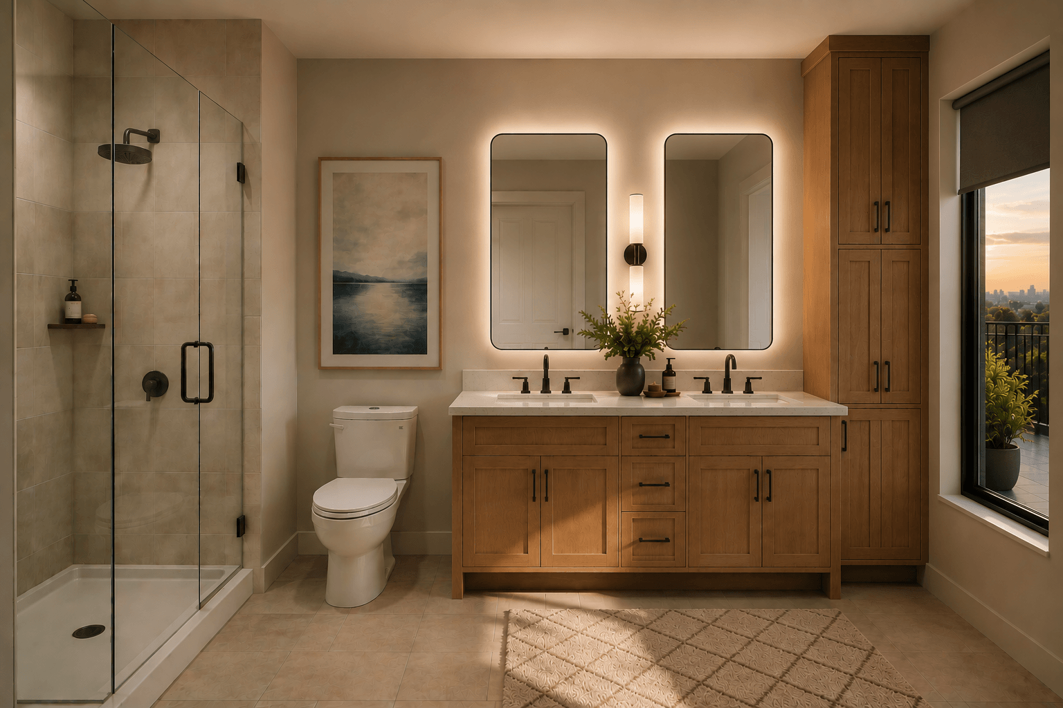 Woven three-bedroom penthouse bathroom with double vanity, wood cabinetry, walk-in shower, and city views