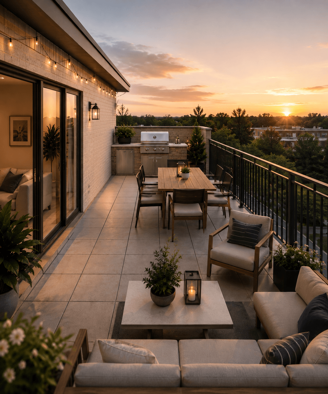 Woven penthouse terrace with outdoor seating, dining area, grill, plants, and sunset views