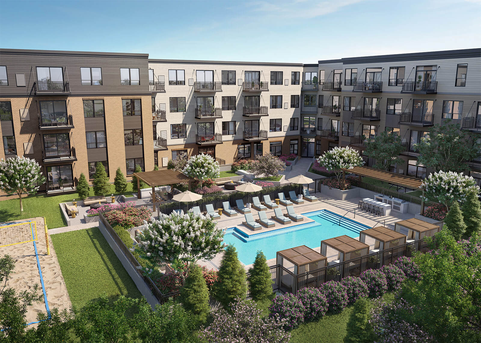 Apartment courtyard with outdoor pool, lounge chairs, pergolas, landscaped gardens, balconies, and volleyball court