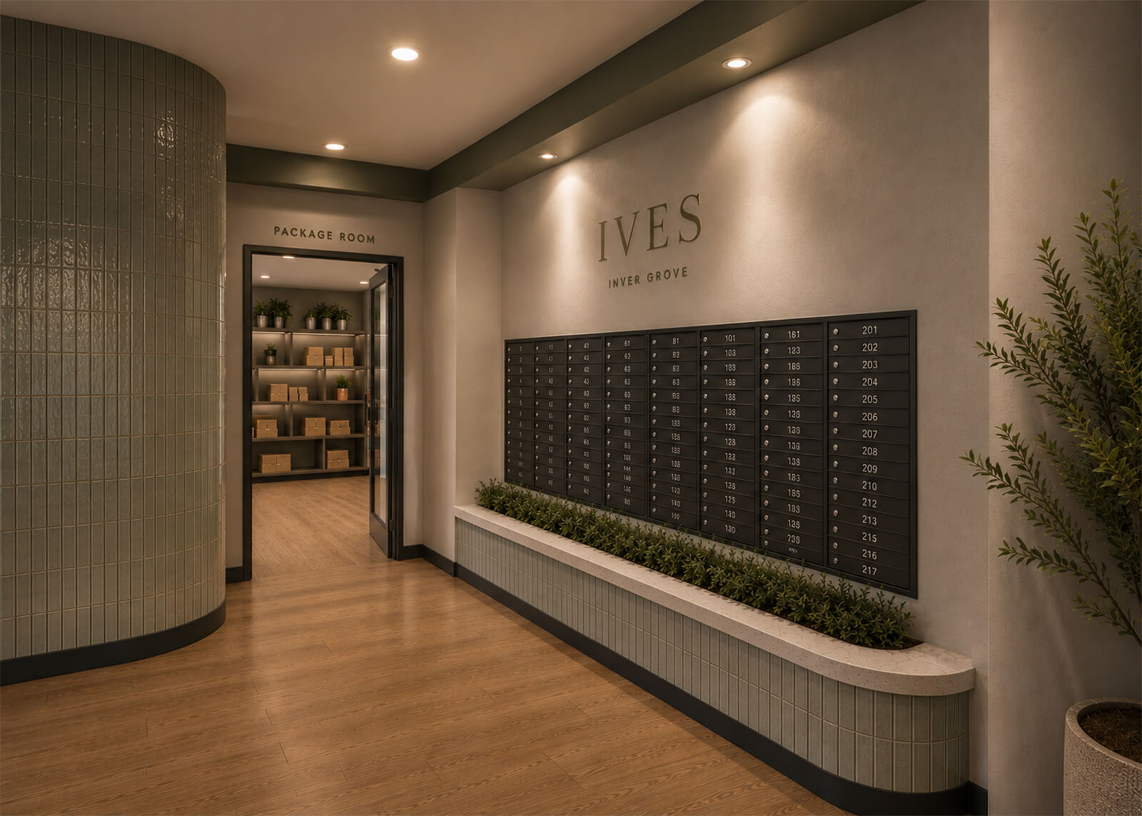 Apartment mailroom with resident mailboxes, indoor planters, Ives Inver Grove signage, and package room