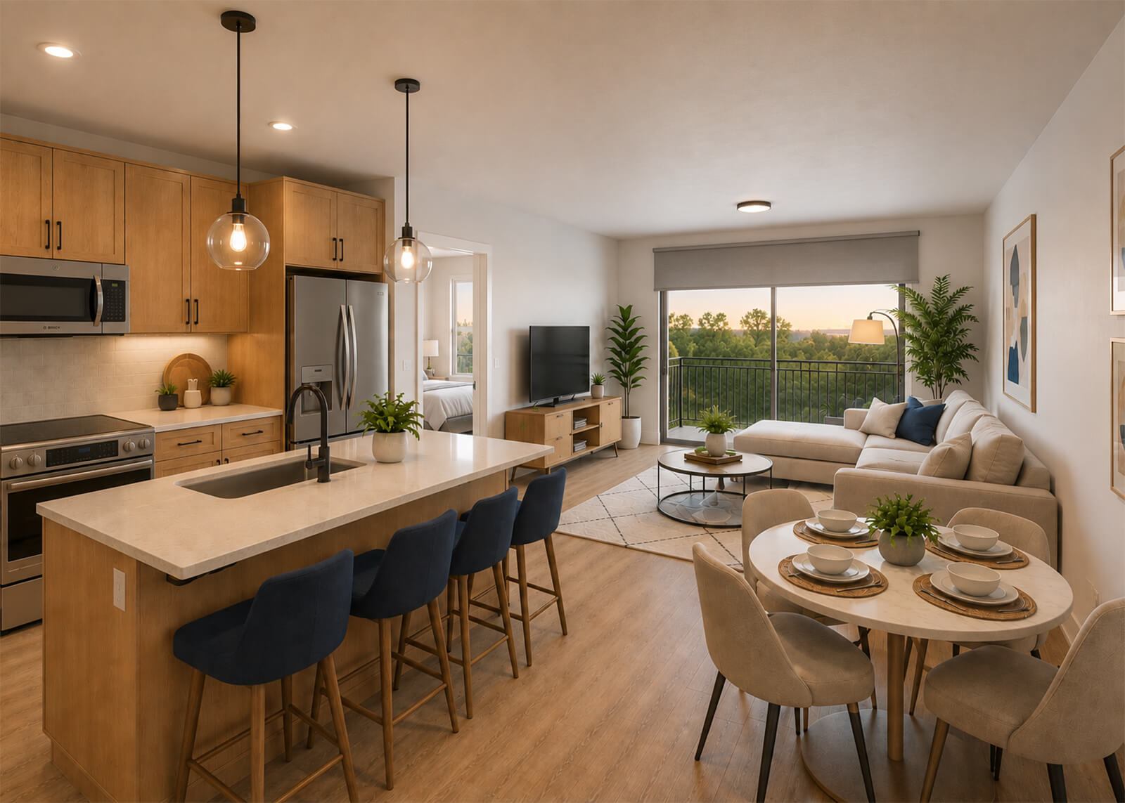 Open apartment kitchen and living room with island seating, dining area, balcony, and modern finishes