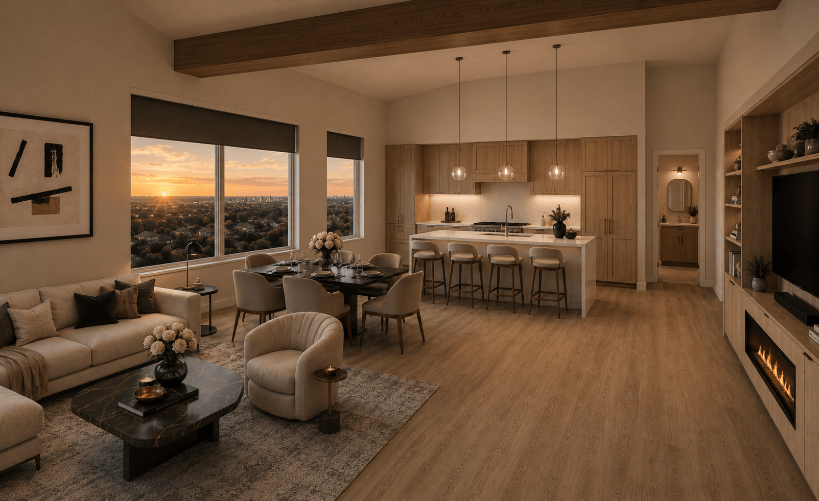 Nook apartment living room with open kitchen, dining area, fireplace, and sunset views