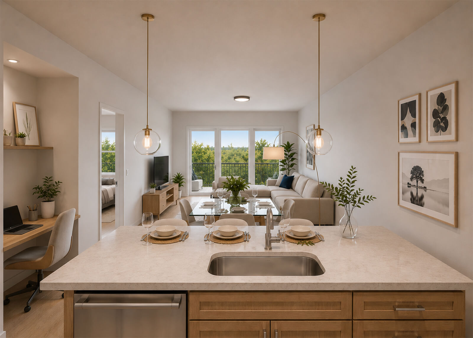 Penthouse kitchen island with open dining and living room, office nook, and balcony views