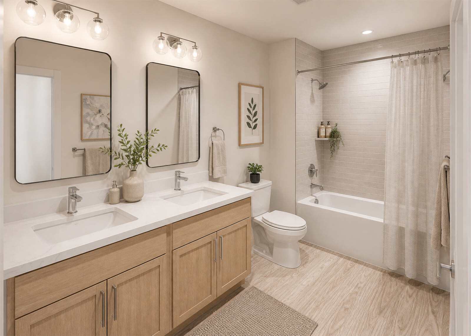 Modern apartment bathroom with double vanity, wood cabinets, two mirrors, and tub shower