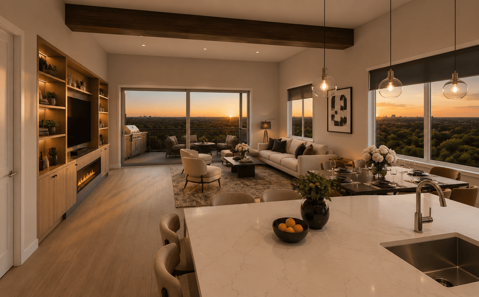 Nook apartment living room with open kitchen, fireplace, dining area, and terrace at sunset