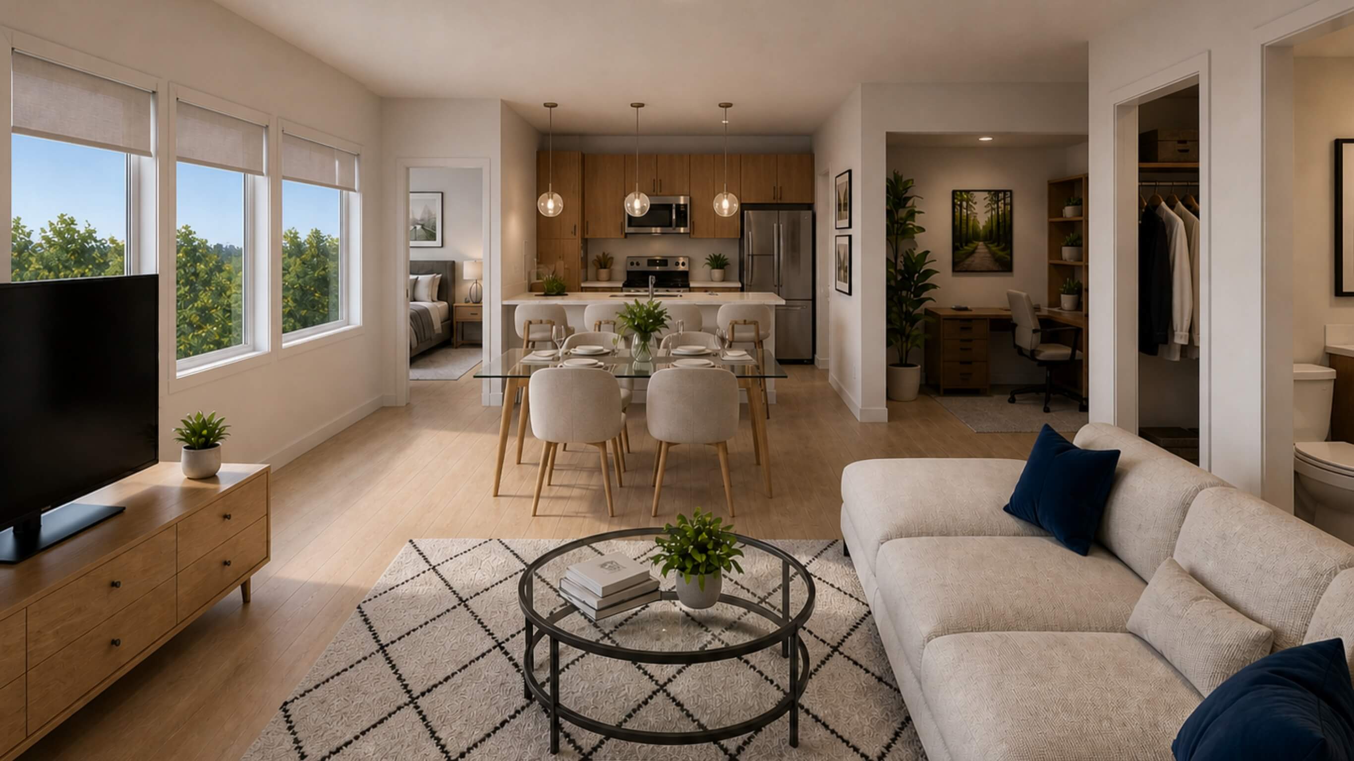 Penthouse apartment living room with open kitchen, dining area, office nook, bedroom, closet, and bathroom