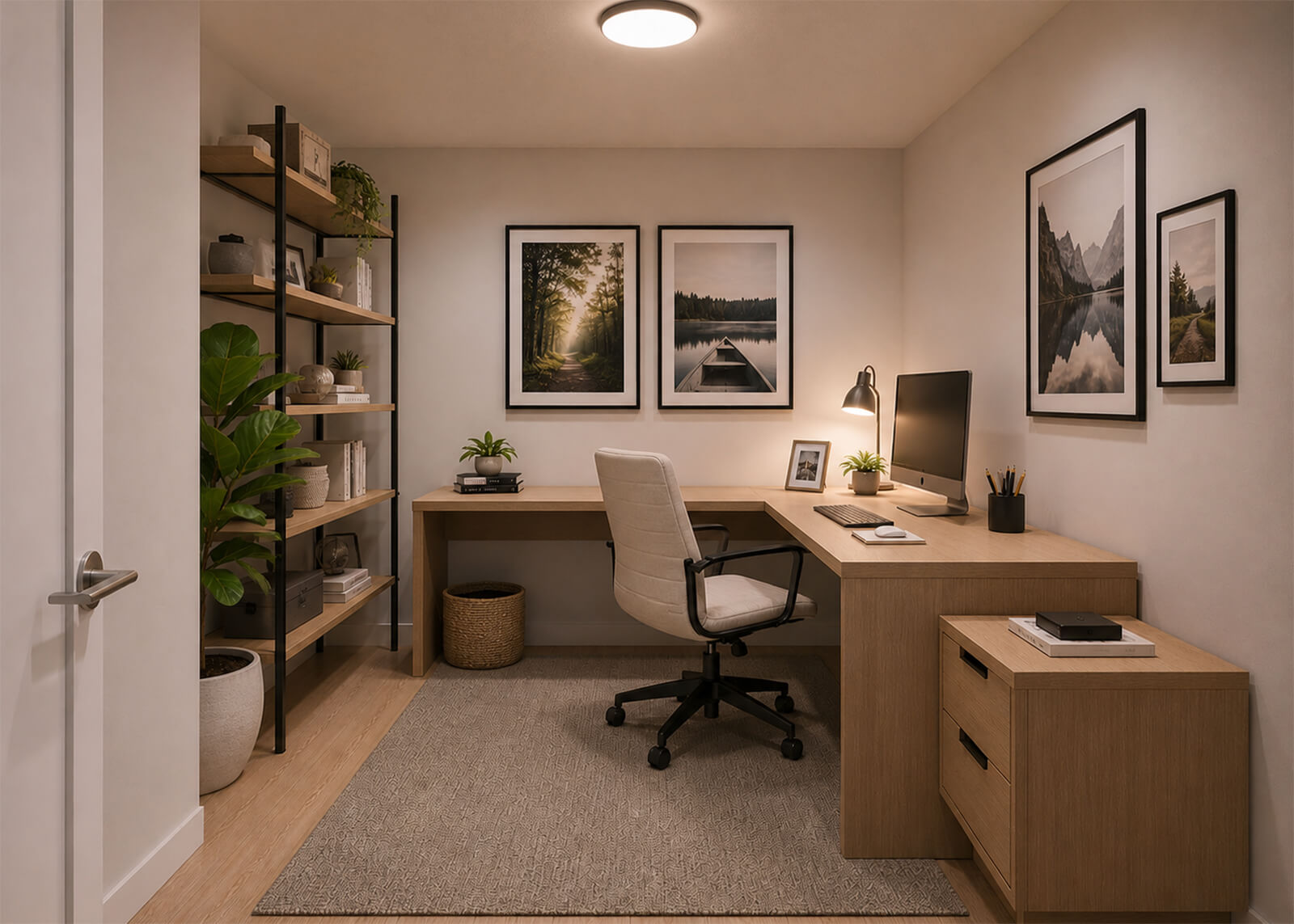 Apartment home office with built-in desk, computer, shelving, plants, and framed wall art