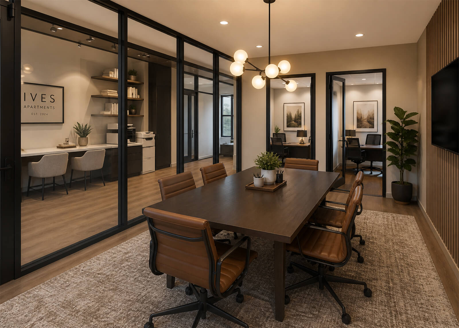 Coworking meeting room with conference table, private offices, glass walls, and Ives Apartments signage