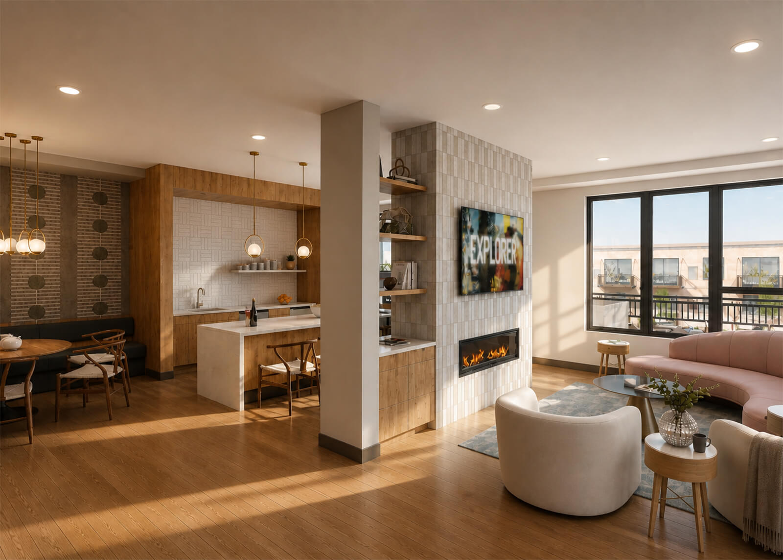 Resident clubroom with kitchen, fireplace, lounge seating, dining area, and large windows