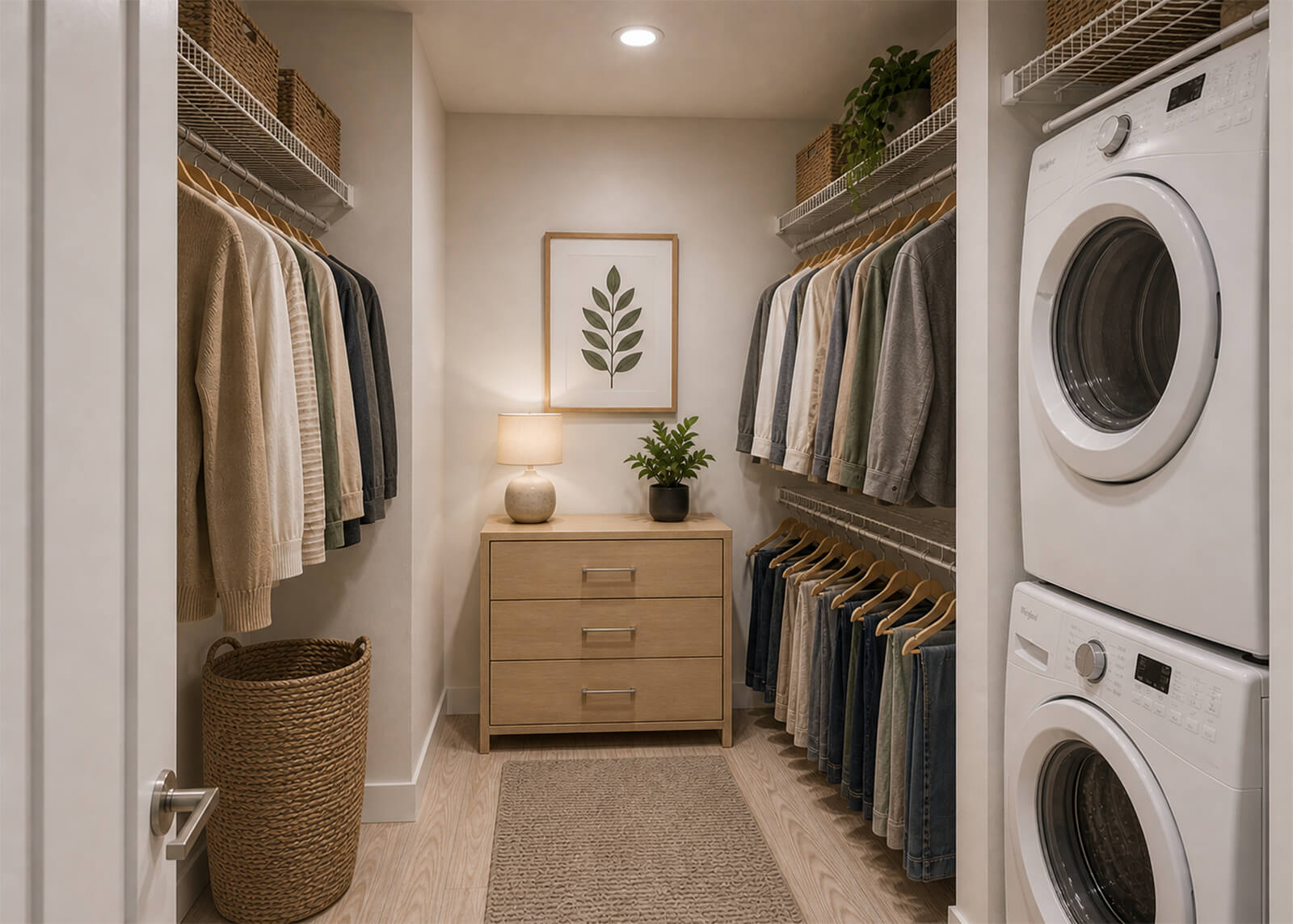Walk-in closet with built-in shelving, hanging clothes, dresser, and stacked washer and dryer