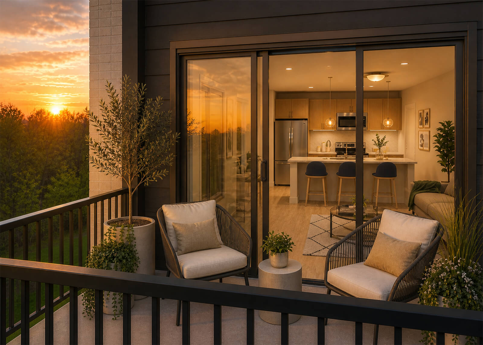 Private apartment balcony with outdoor seating, plants, sunset views, and open living room beyond sliding glass doors