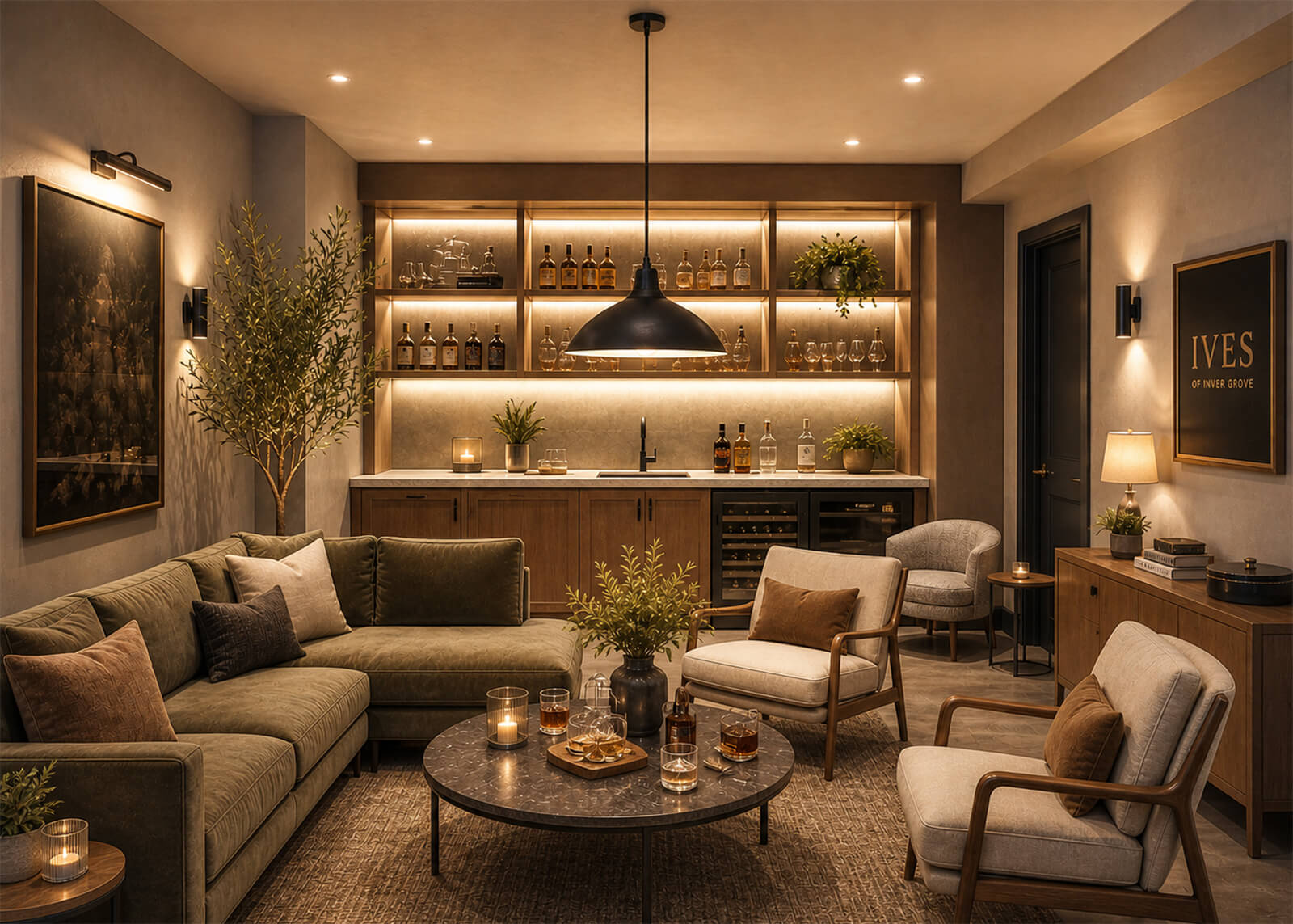 Resident lounge with sofa seating, bar area, backlit shelving, coffee table, and warm ambient lighting