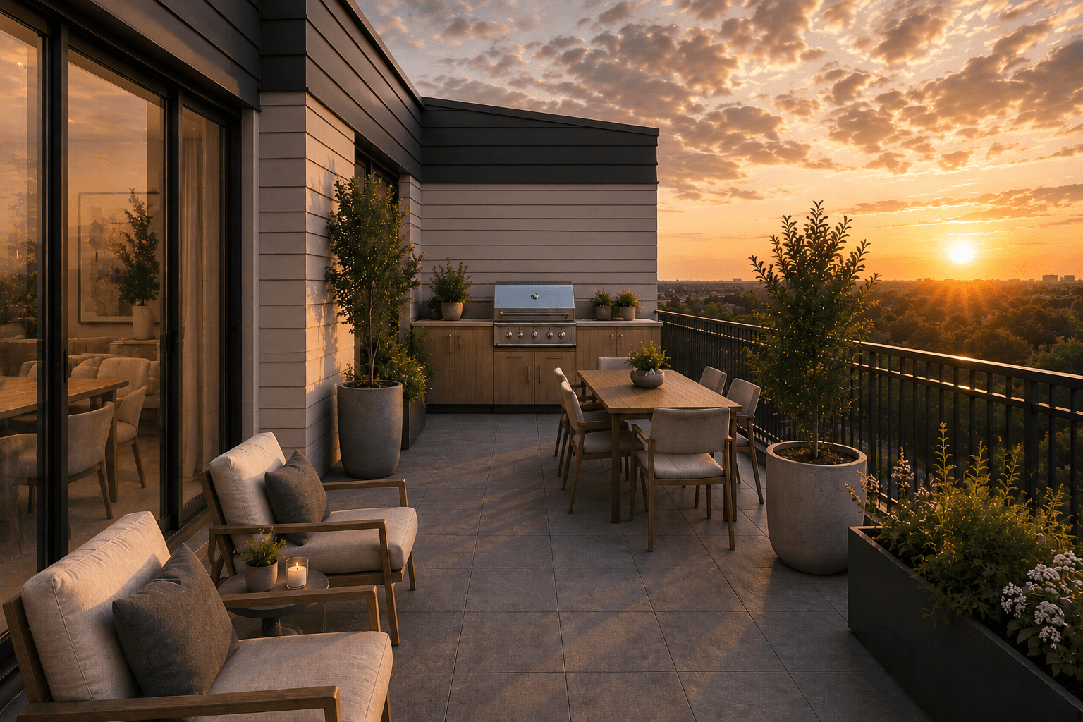 Still apartment patio with outdoor seating, dining table, grill, plants, and sunset views