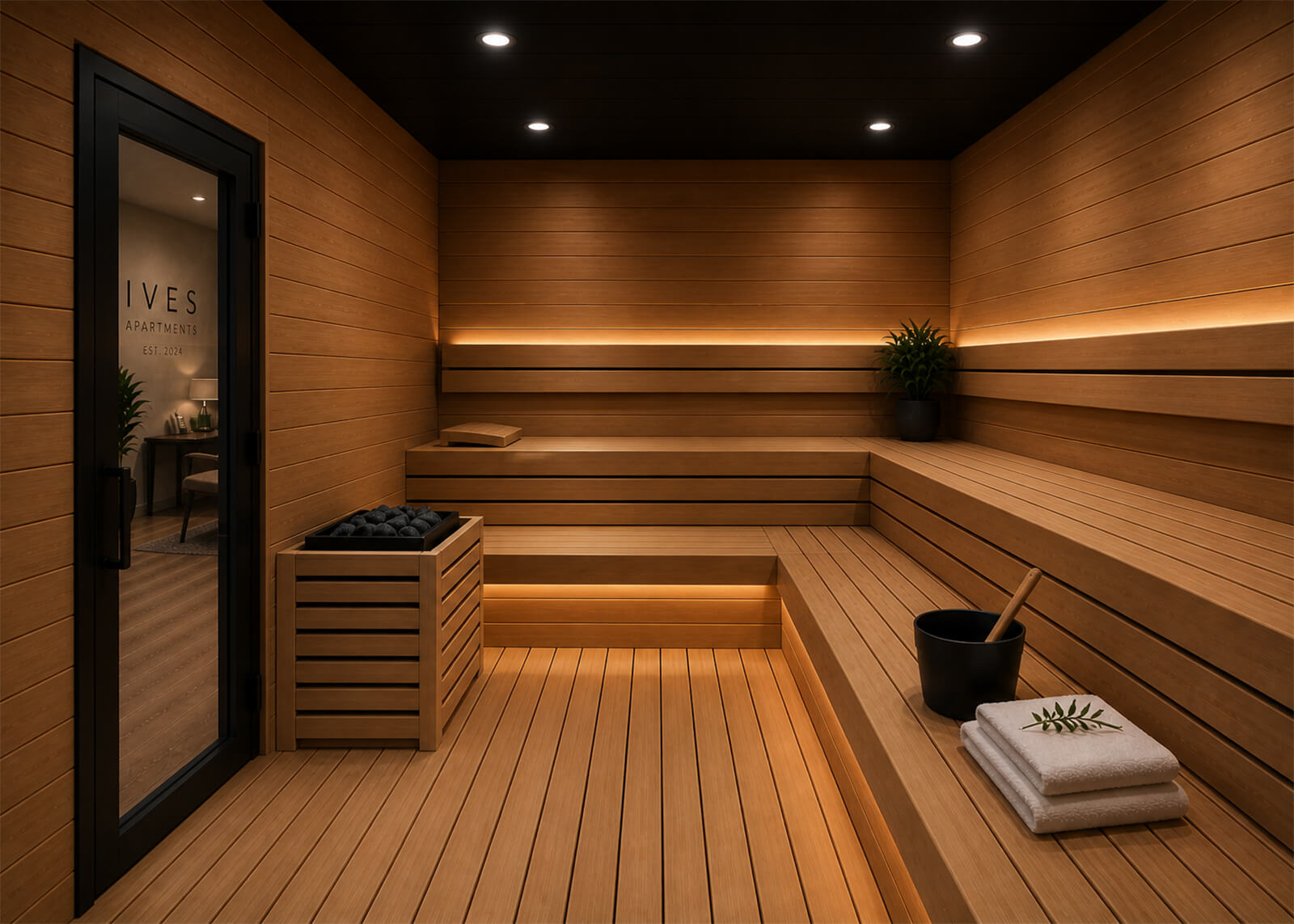 Apartment sauna with wood benches, warm lighting, sauna stones, towels, and Ives Apartments signage