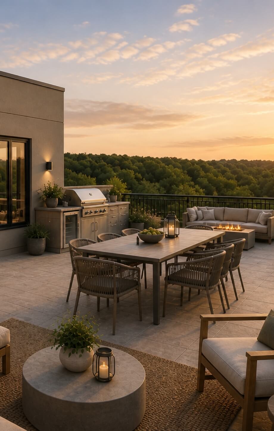 Rooftop terrace with outdoor dining, grill, lounge seating, and sunset views over Inver Grove Heights
