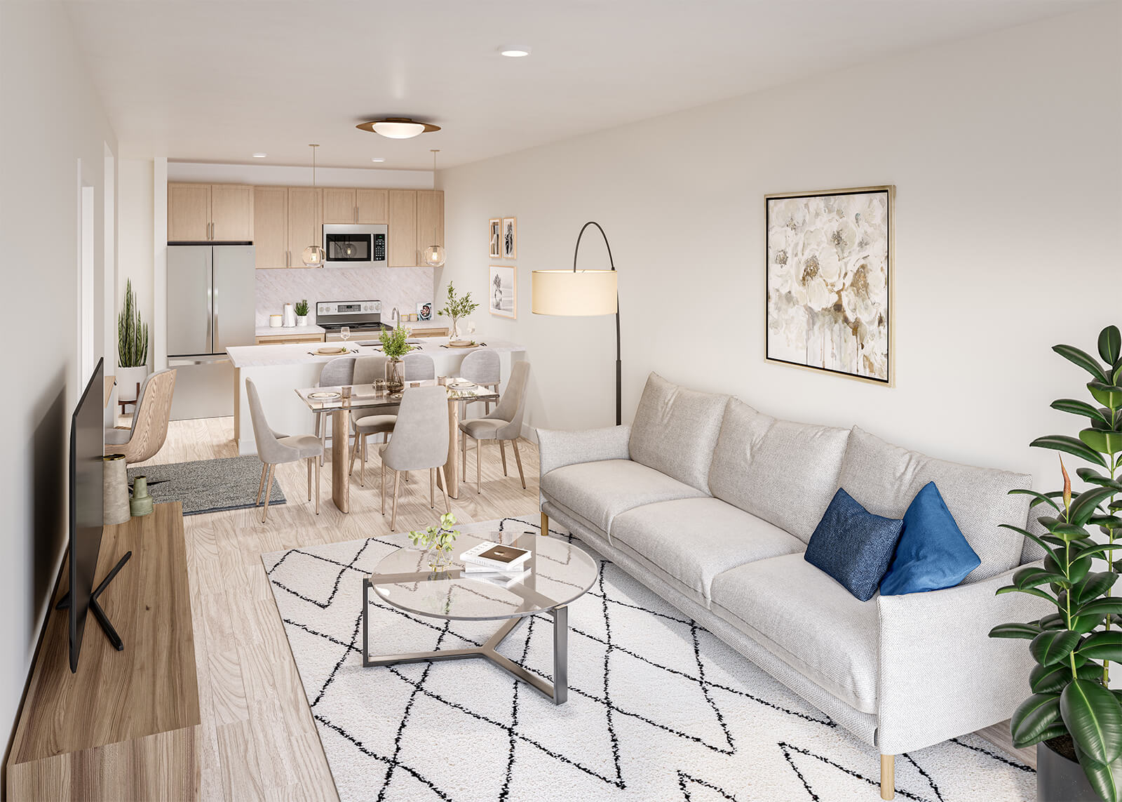 Open apartment kitchen and living room with island seating, dining area, balcony, and modern wood finishes