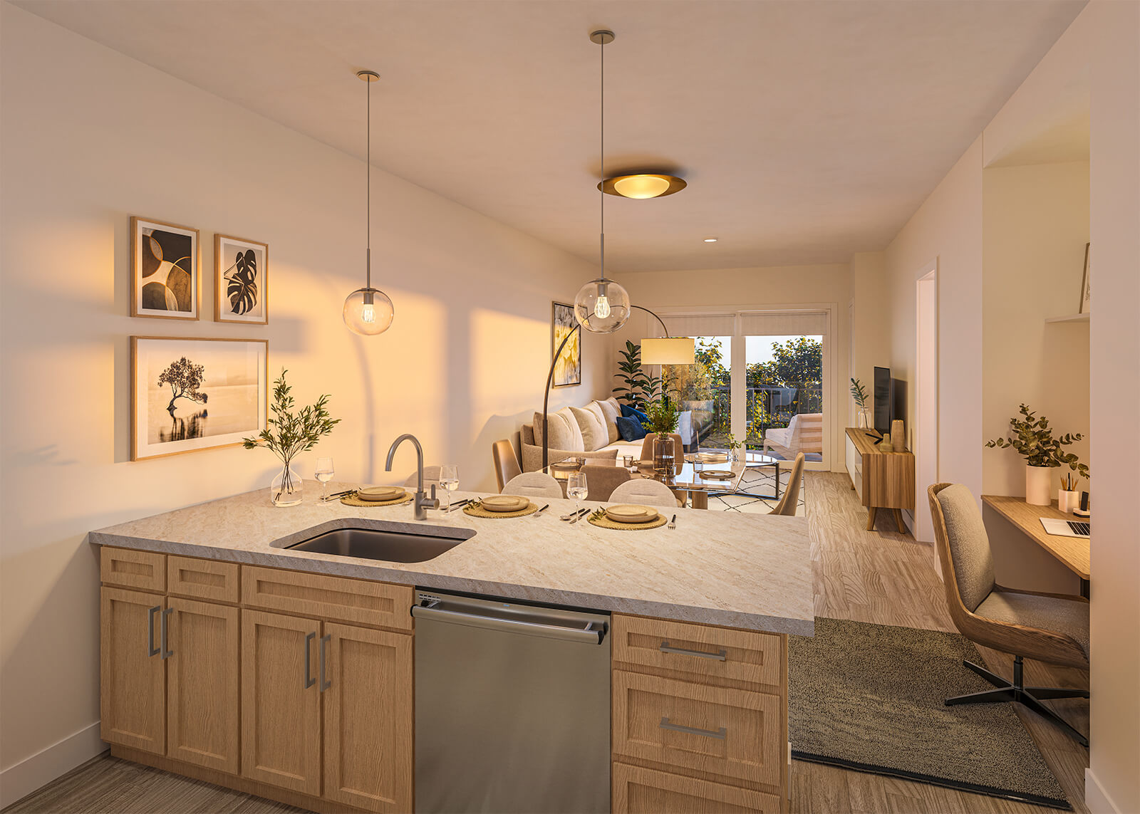 Apartment kitchen with island, open living area, balcony, and built-in office nook