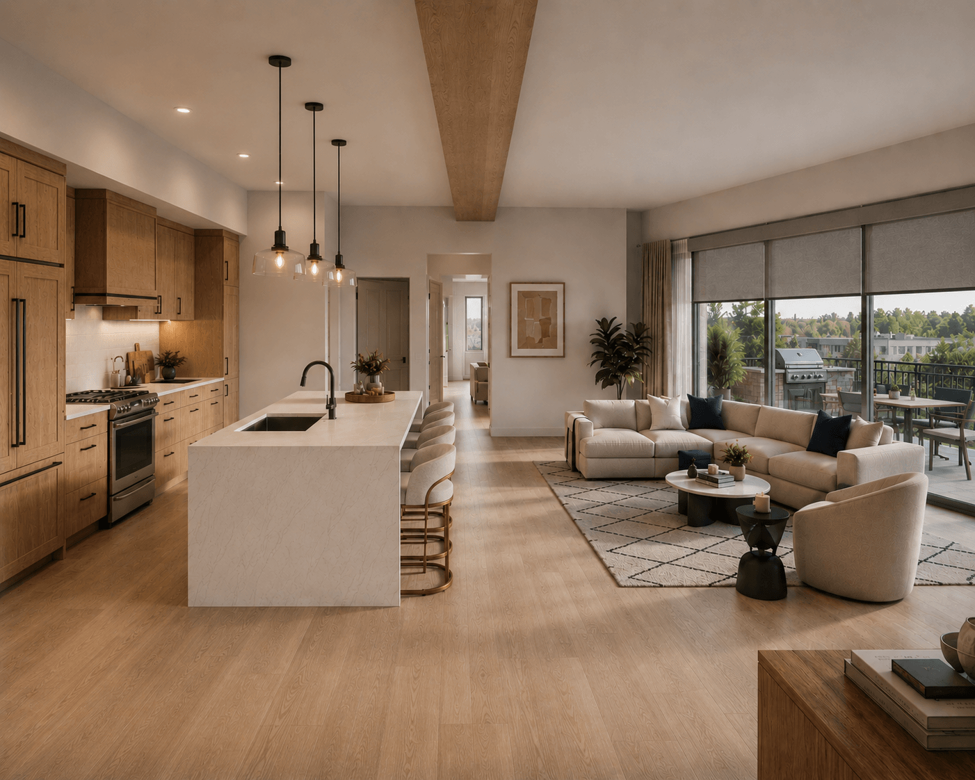 Woven three-bedroom penthouse with open kitchen, large island, living room, and private terrace
