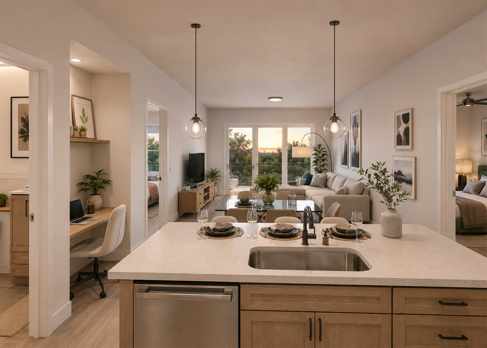 Penthouse kitchen island with open living room, dining area, office nook, bedrooms, and balcony beyond