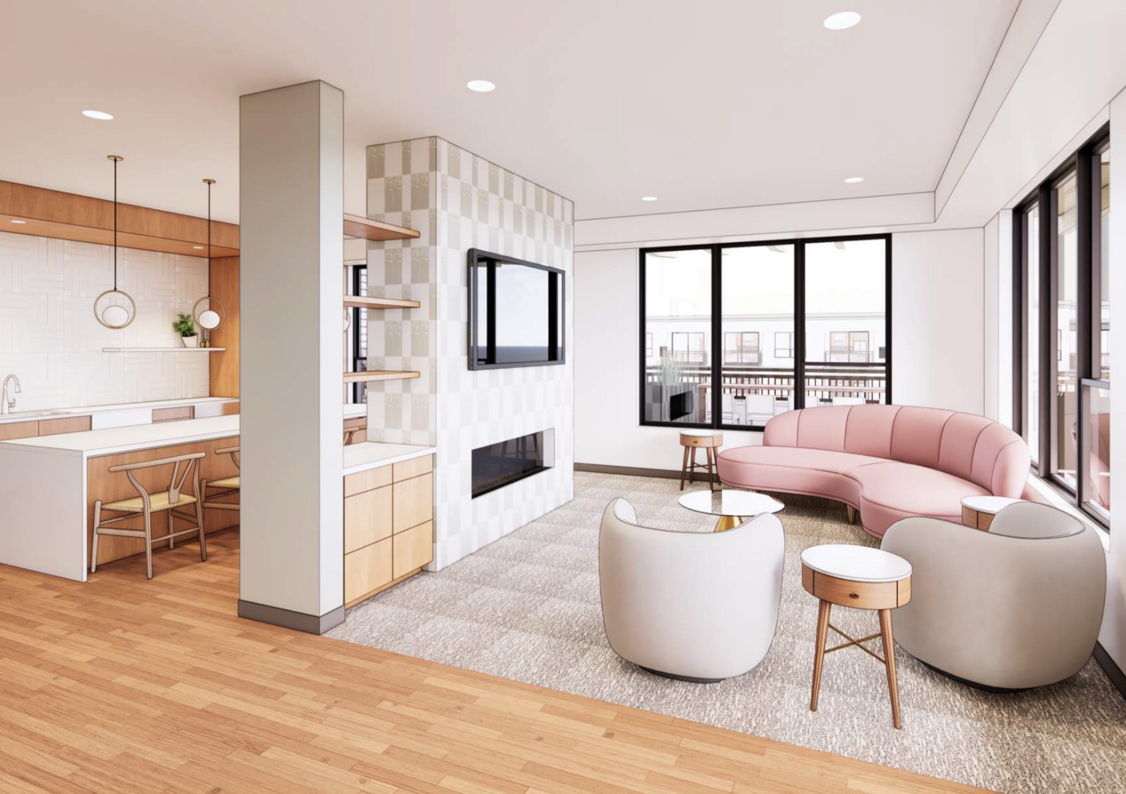 Open concept living room and kitchen with modern seating, fireplace, and large windows